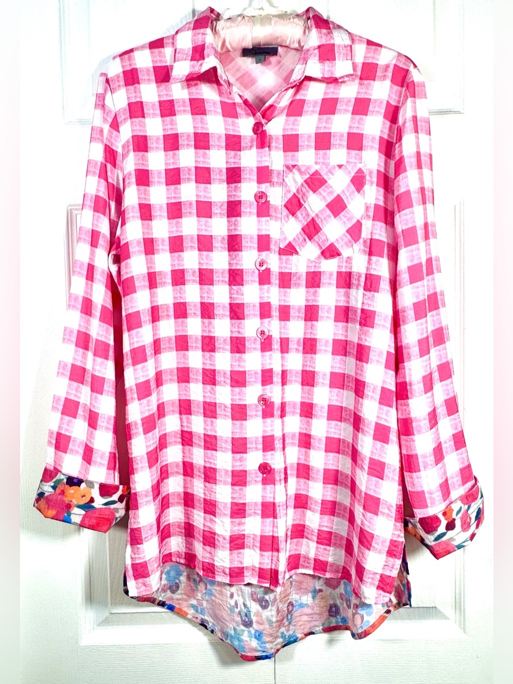 Shana Pink Gingham Floral Mixed Print Button Down Shirt Size S